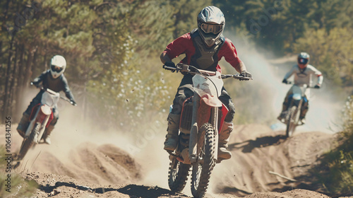 Three motocross riders in protective gear speeding along a dusty dirt trail through a forested area, capturing the thrill of off-road racing