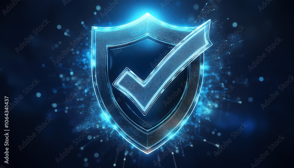 A digital shield icon with a checkmark, symbolizing security and trust in a glowing, high-tech design.