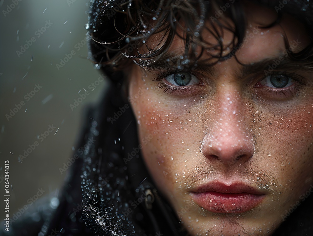 Intense Gaze: Close Up Portrait of a Young Man in the Snow Intense Gaze: Close Up Portrait of a Young Man in the Snow
