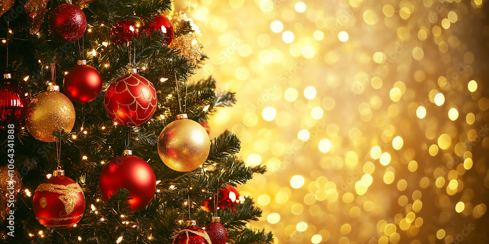Christmas tree is shining with red and gold ornaments on a golden background Christmas tree is shining with red and gold ornaments on a golden background