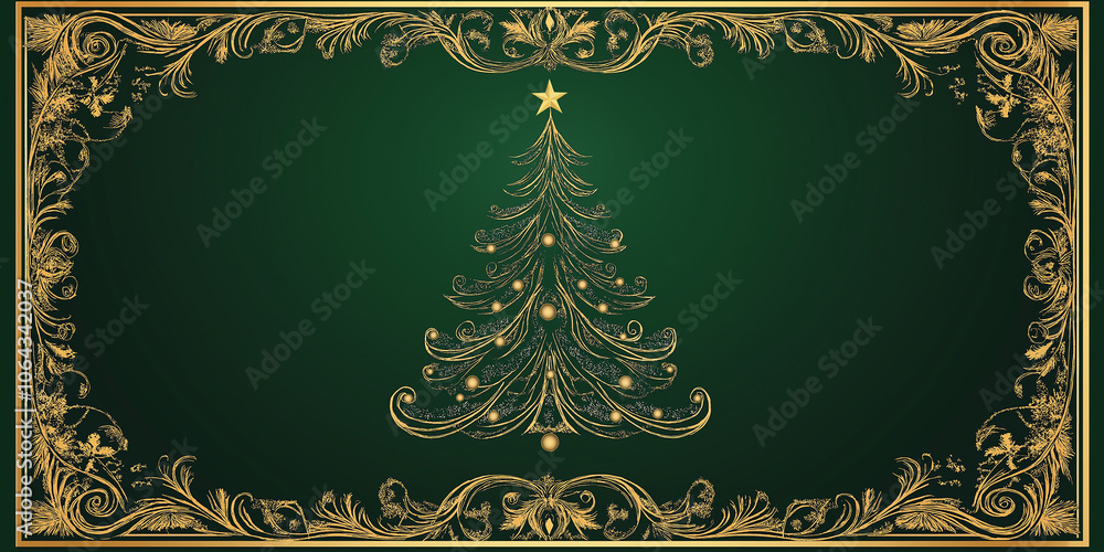 Obraz premium Golden christmas tree celebrating christmas holidays with elegant golden frame