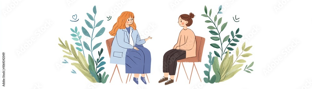 Two women engaged in a friendly conversation, surrounded by greenery, symbolizing connection and communication. Ideal for mental health and friendship themes. Two women engaged in a friendly conversation, surrounded by greenery, symbolizing connection and communication. Ideal for mental health and friendship themes.
