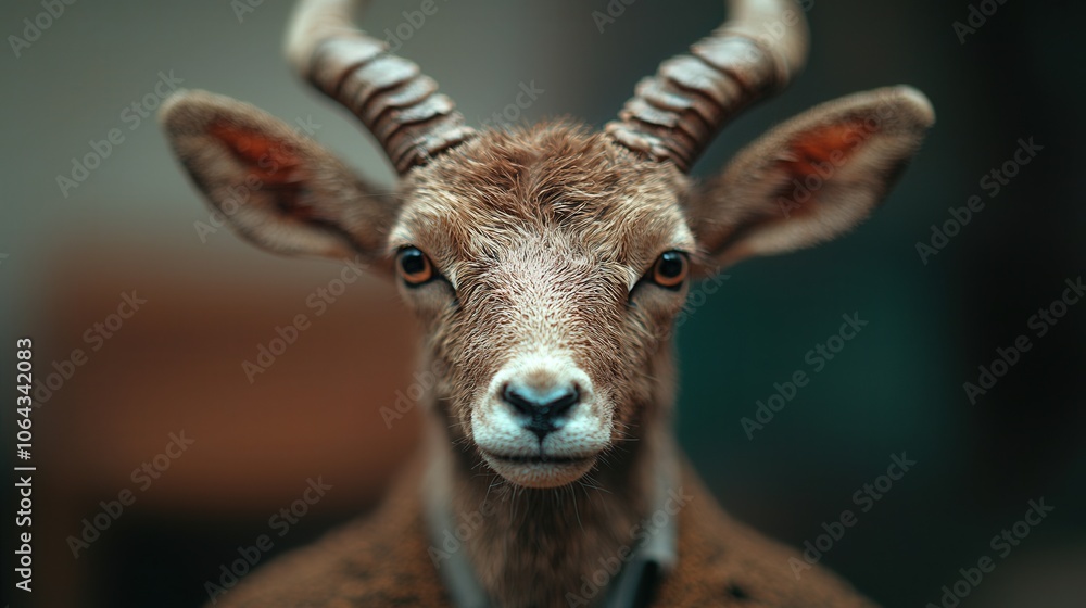 Fototapeta premium Curious Fawn with Antlers Gazing Directly at Camera Close Up Portrait