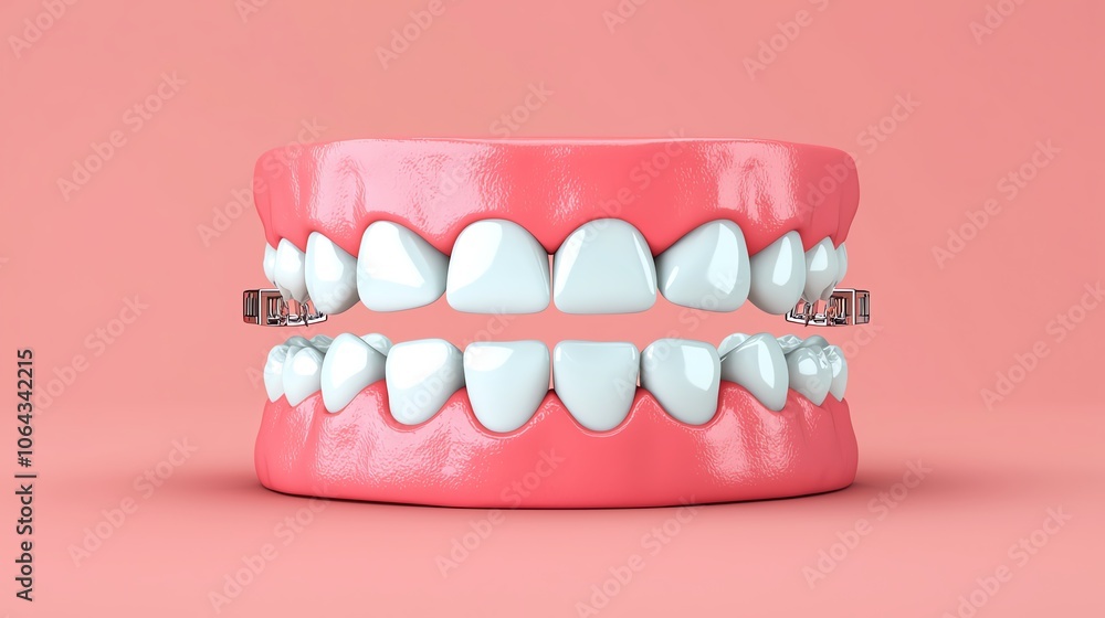 Obraz premium Realistic model of human teeth with braces on a pastel background, showcasing dental health and orthodontic care.