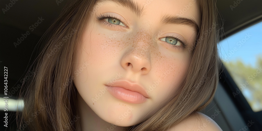 Young woman with freckles showing her natural beauty in a car Young woman with freckles showing her natural beauty in a car