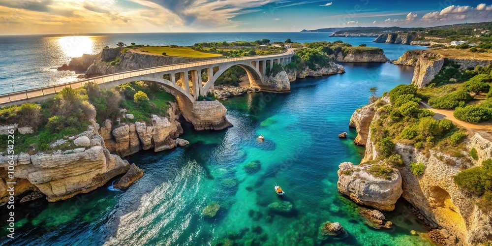 A breathtaking aerial view of Ciolo Bridge in Italy's Salento region. A breathtaking aerial view of Ciolo Bridge in Italy's Salento region.