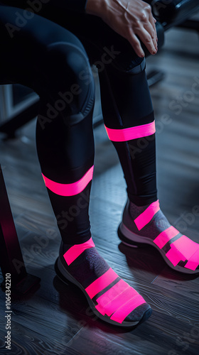 Shin Support with Pink Therapeutic Kinesiology Tapes on Athlete Legs photo