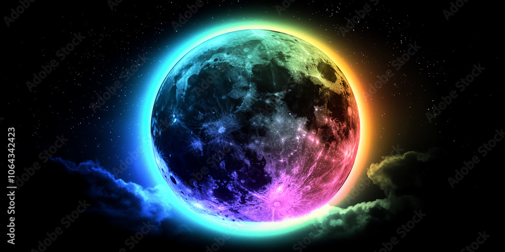 Fototapeta premium Rainbow moon shining in the dark night sky with stars and clouds