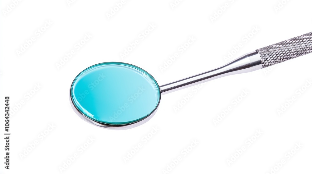Close-up of a dental mirror tool with a reflective surface, isolated on a white background. Essential for dental examinations and oral hygiene. Close-up of a dental mirror tool with a reflective surface, isolated on a white background. Essential for dental examinations and oral hygiene.