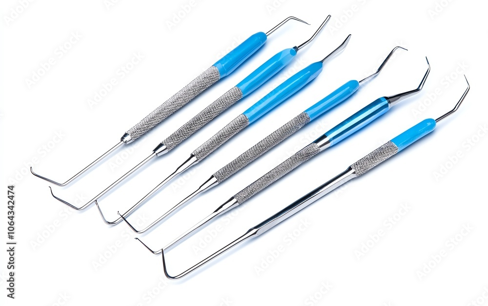 Set of dental tools for checking teeth and oral hygiene, featuring a metallic design and blue handles. Isolated on a white background. Set of dental tools for checking teeth and oral hygiene, featuring a metallic design and blue handles. Isolated on a white background.