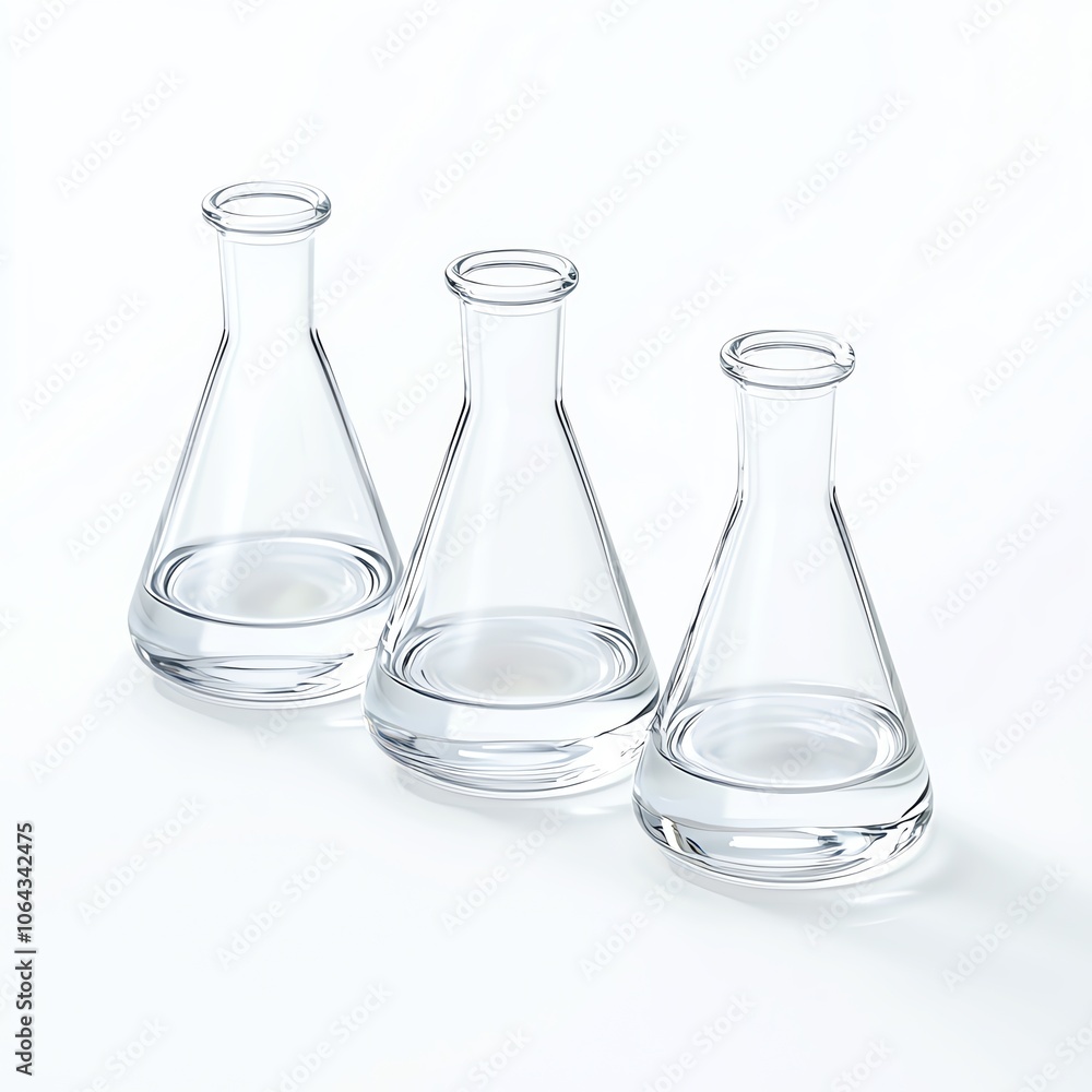Three laboratory glass flasks arranged elegantly on a white background, perfect for chemical experiments or scientific presentations. Three laboratory glass flasks arranged elegantly on a white background, perfect for chemical experiments or scientific presentations.
