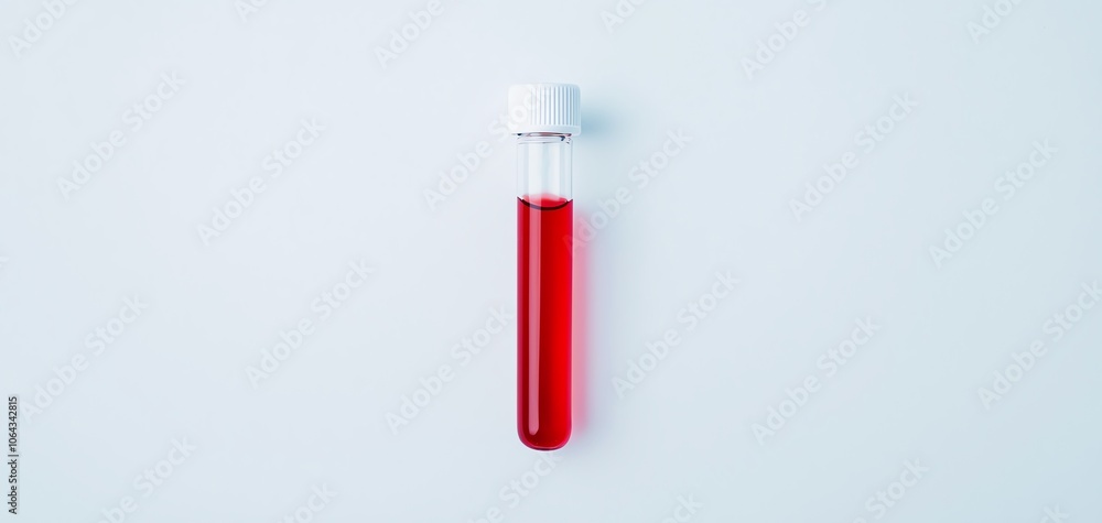 Red test tube with clear liquid on a white background, ideal for laboratory or medical themes. Red test tube with clear liquid on a white background, ideal for laboratory or medical themes.