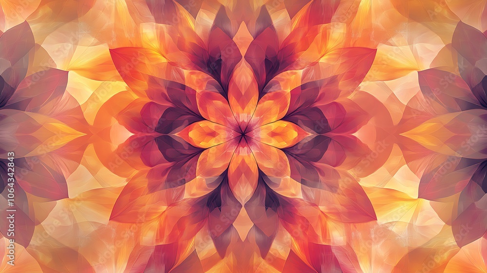 A symmetrical pattern of orange and red flower petals forming a mandala. A symmetrical pattern of orange and red flower petals forming a mandala.