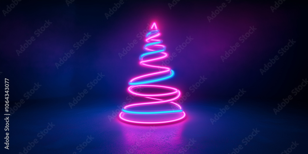 Neon christmas tree shining brightly in empty room Neon christmas tree shining brightly in empty room