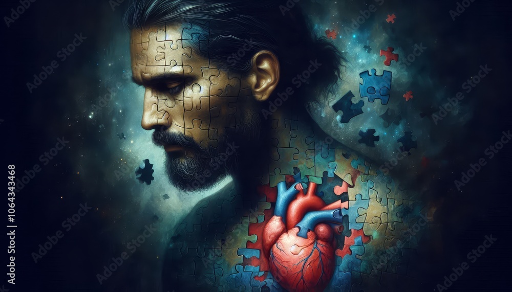 A man's body is made of puzzle pieces, a heart beats at his chest, a metaphor for vulnerability, strength, and the search for wholeness. A man's body is made of puzzle pieces, a heart beats at his chest, a metaphor for vulnerability, strength, and the search for wholeness.