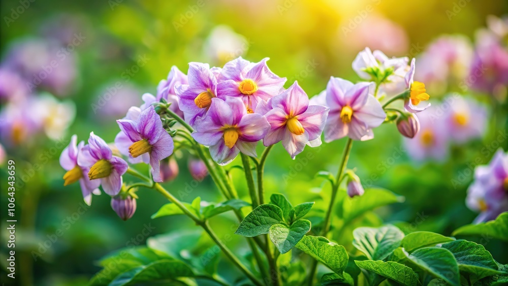 A Helios lens unveils the delicate beauty of potato blossoms in vintage-style macro photography. A Helios lens unveils the delicate beauty of potato blossoms in vintage-style macro photography.