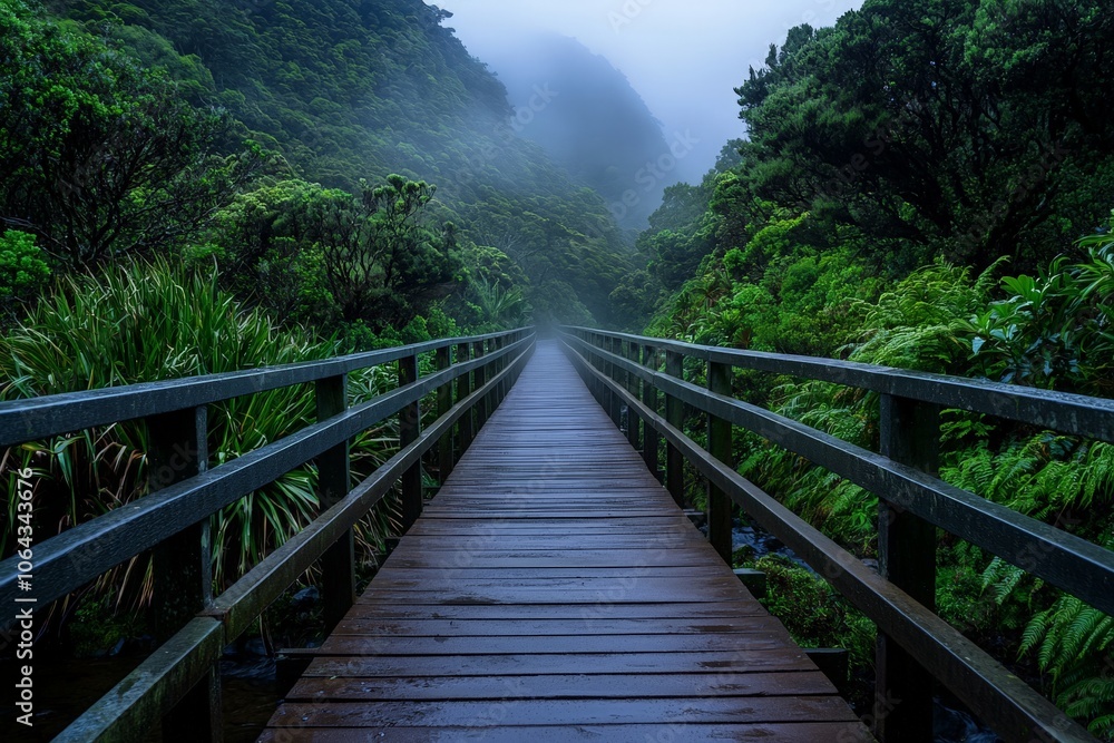Foggy Morning on a Narrow Covered Footbridge Foggy Morning on a Narrow Covered Footbridge