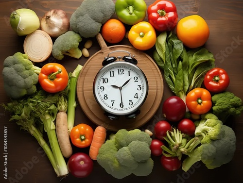 A clock surrounded by fresh vegetables and fruits, with the words 