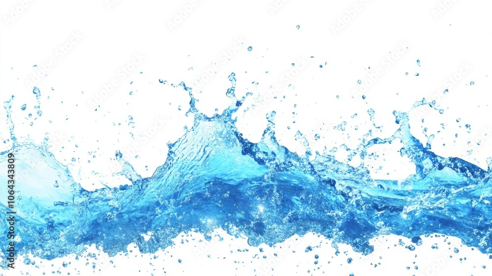 Fresh and dynamic blue water splash isolated on white background, capturing the energy and fluid motion of clean water droplets, ideal for creative design, abstract art, and visual impact in digital p Fresh and dynamic blue water splash isolated on white background, capturing the energy and fluid motion of clean water droplets, ideal for creative design, abstract art, and visual impact in digital p