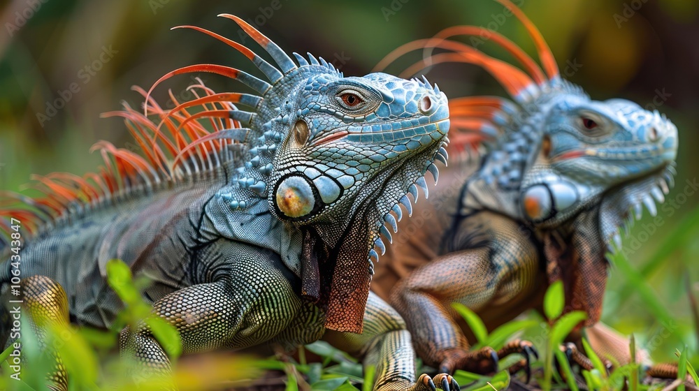 Fototapeta premium In a lush jungle environment, two iguanas stand together, possibly for companionship or mutual support.