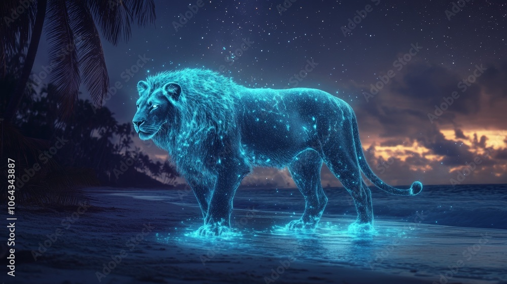 Fototapeta premium Glowing lion against a twilight backdrop