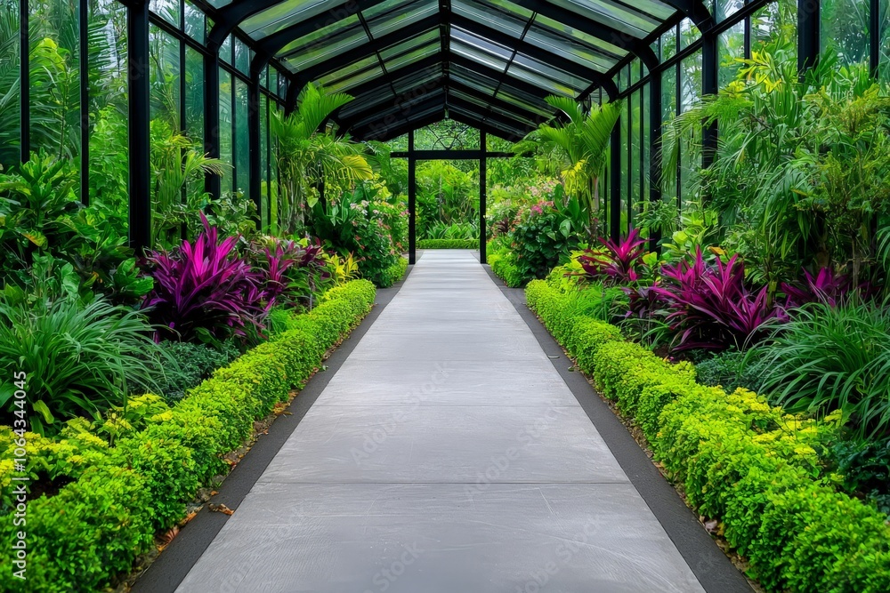 Serene Corridor in a Botanical Garden with Glass Walls Serene Corridor in a Botanical Garden with Glass Walls
