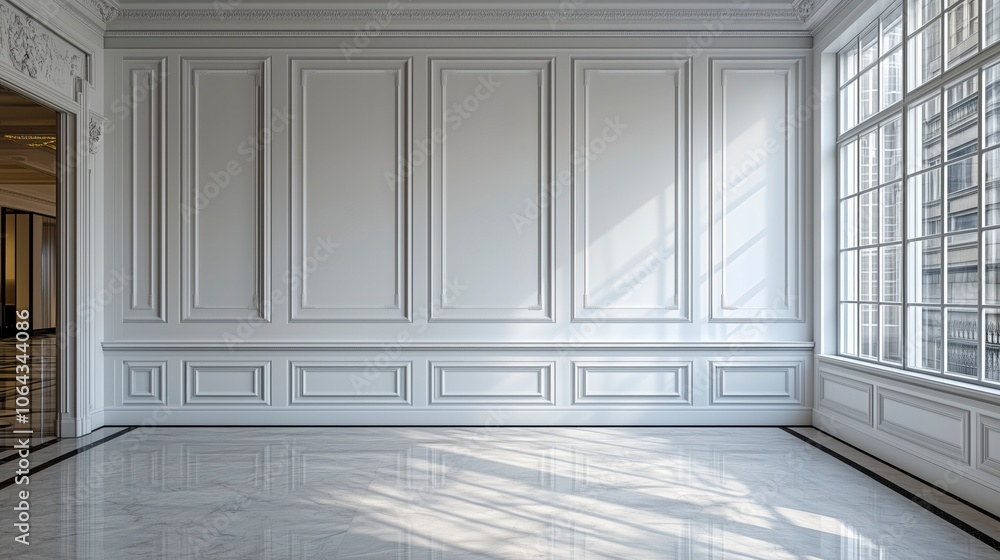 Luxurious and Elegant White Room Interior with Sunlit Space, Paneled Walls, and Wood Floor - Perfect for Zoom Virtual Background Luxurious and Elegant White Room Interior with Sunlit Space, Paneled Walls, and Wood Floor - Perfect for Zoom Virtual Background