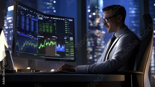 A serene office scene where a financial analyst studies a large screen displaying gold