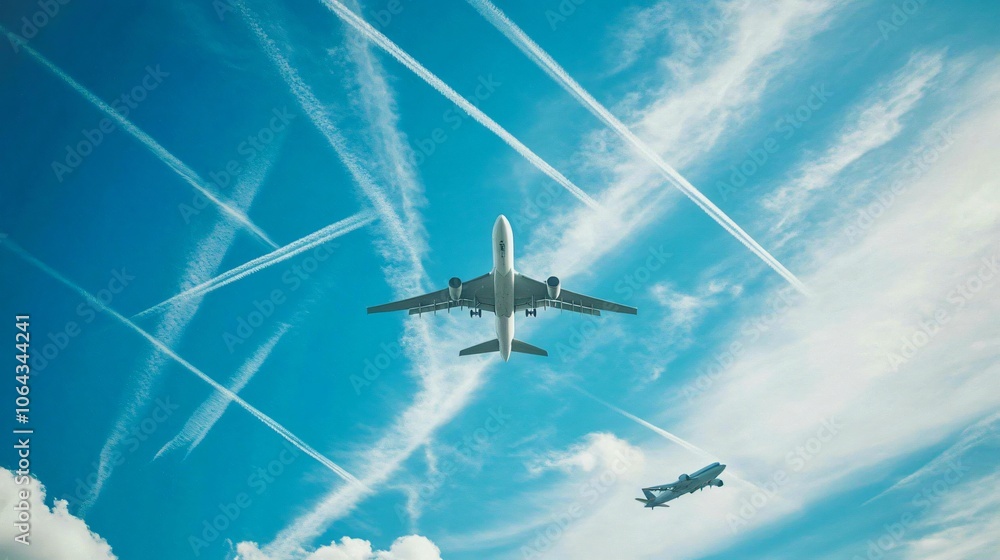 Airplane Flying in a Blue Sky with Contrails Airplane Flying in a Blue Sky with Contrails