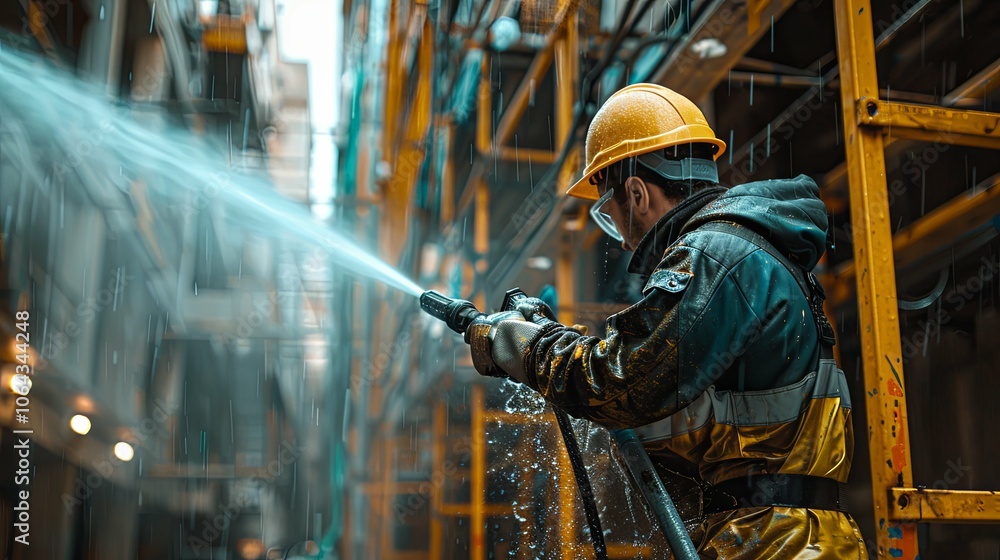 Construction Worker Using a High-Pressure Water Jet to Clean the Exterior Facade Construction Worker Using a High-Pressure Water Jet to Clean the Exterior Facade