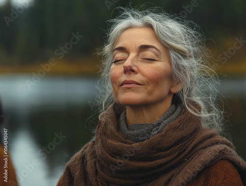 A serene woman with gray hair enjoys a peaceful moment by a lake, with eyes closed and wrapped in a warm shawl. Nature's tranquility. photo