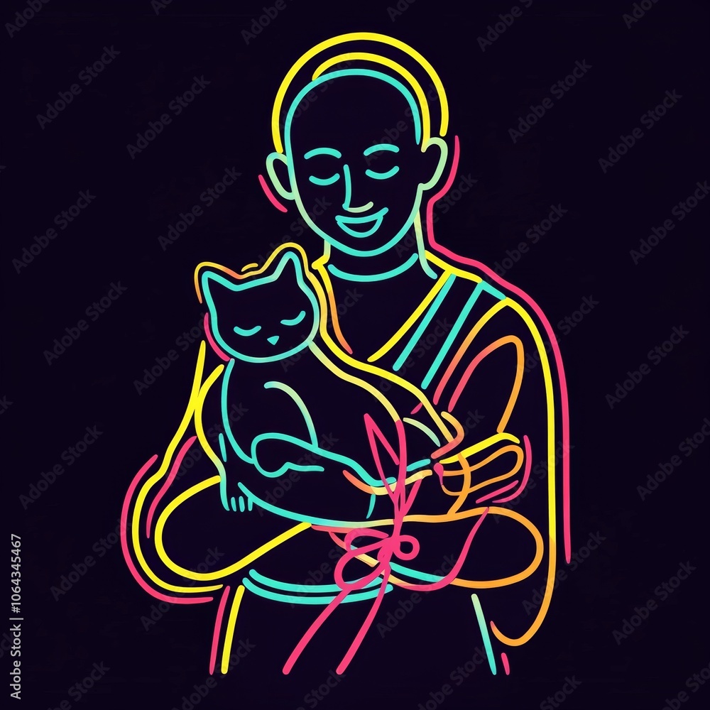 Neon outline of meditating person with cat Neon outline of meditating person with cat