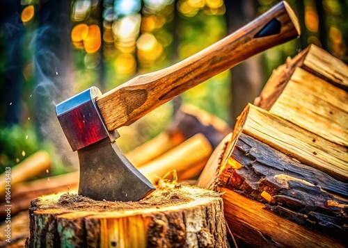 Axe Splitting Wood Log Close-Up, Precision, Force, Copy Space photo