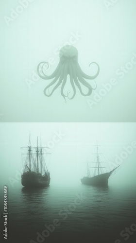 Cthulhu Kraken Monster Attacking Ships in Foggy Sea Digital Art Illustration photo