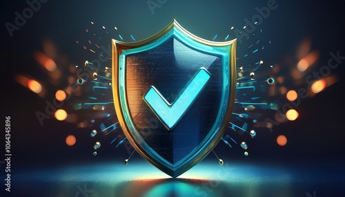 An artistic depiction of a shield with a checkmark, symbolizing security, protection, and trust in a digital context. photo