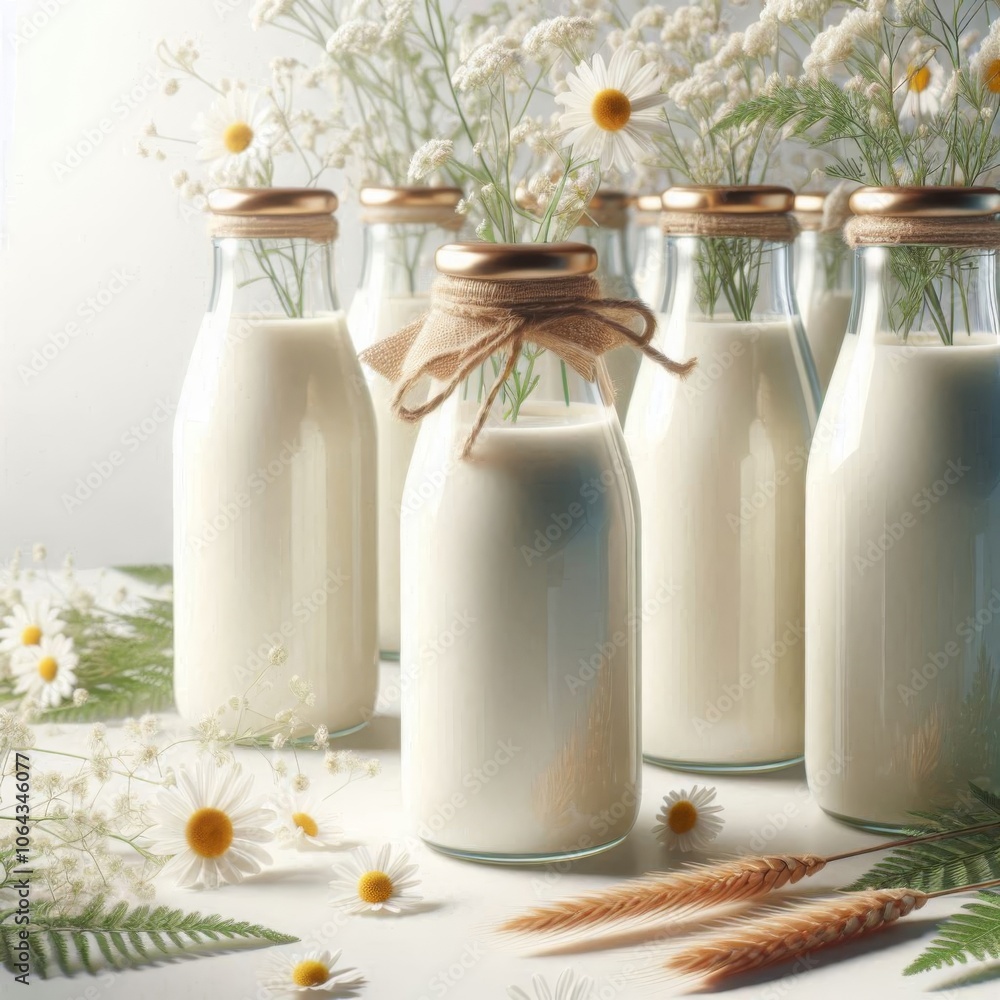 Close-up view of milk bottles against a white backdrop, showcasing freshness and quality Close-up view of milk bottles against a white backdrop, showcasing freshness and quality