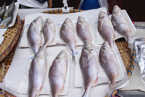 Many sun dried boesemania microlepis fish withprice on white paper in bamboo wood tray for sale in local Thailand market photo