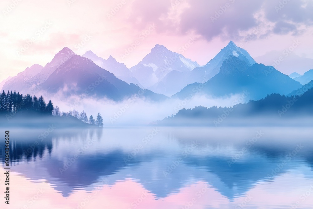 Misty Mountain Landscape at Dawn or Dusk with Serene Lake Reflection Misty Mountain Landscape at Dawn or Dusk with Serene Lake Reflection
