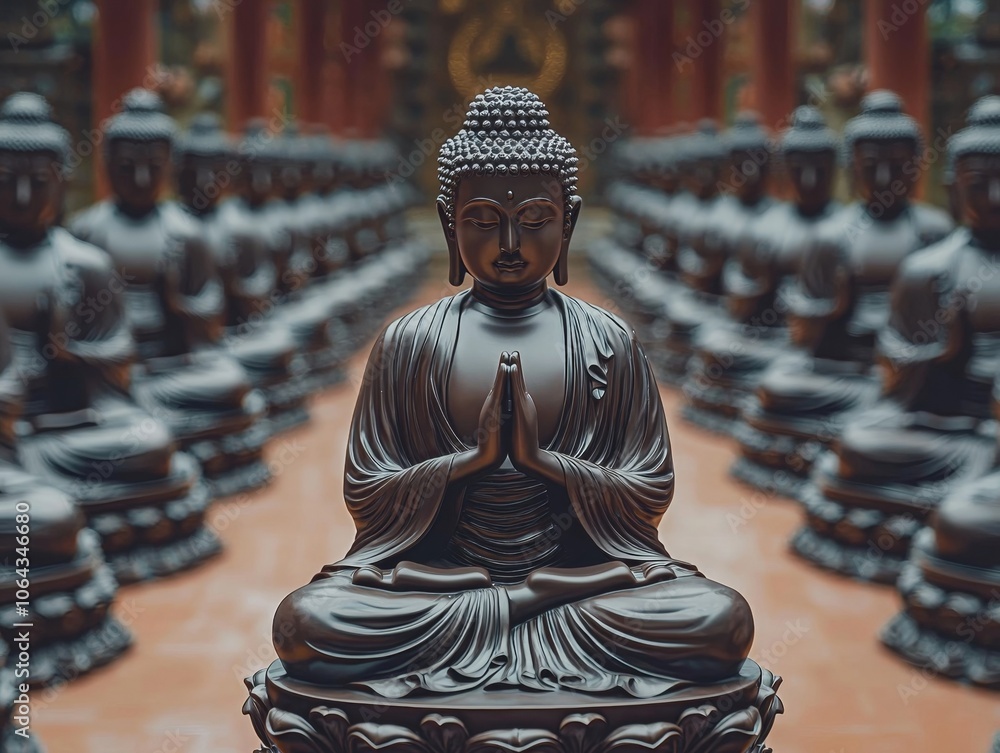 Fototapeta premium Multiple Buddha Statues Arranged in Tranquil Meditation Hall