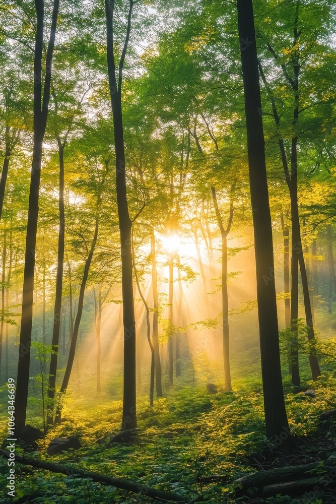Naklejka premium Sunlight shining through forest trees
