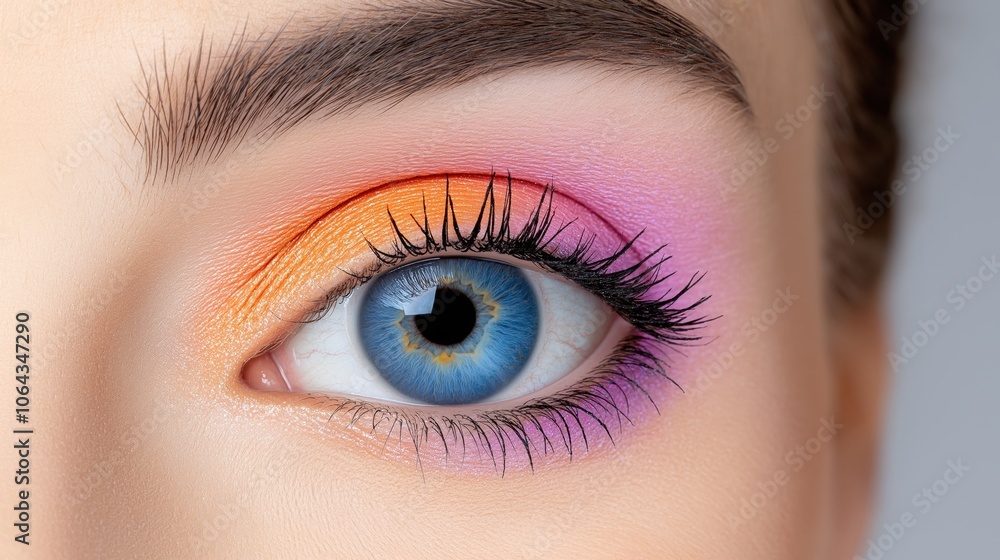 A close-up view of a woman's eye showcasing vibrant rainbow eyeshadow and striking blue iris with perfect eyelashes against a neutral background A close-up view of a woman's eye showcasing vibrant rainbow eyeshadow and striking blue iris with perfect eyelashes against a neutral background