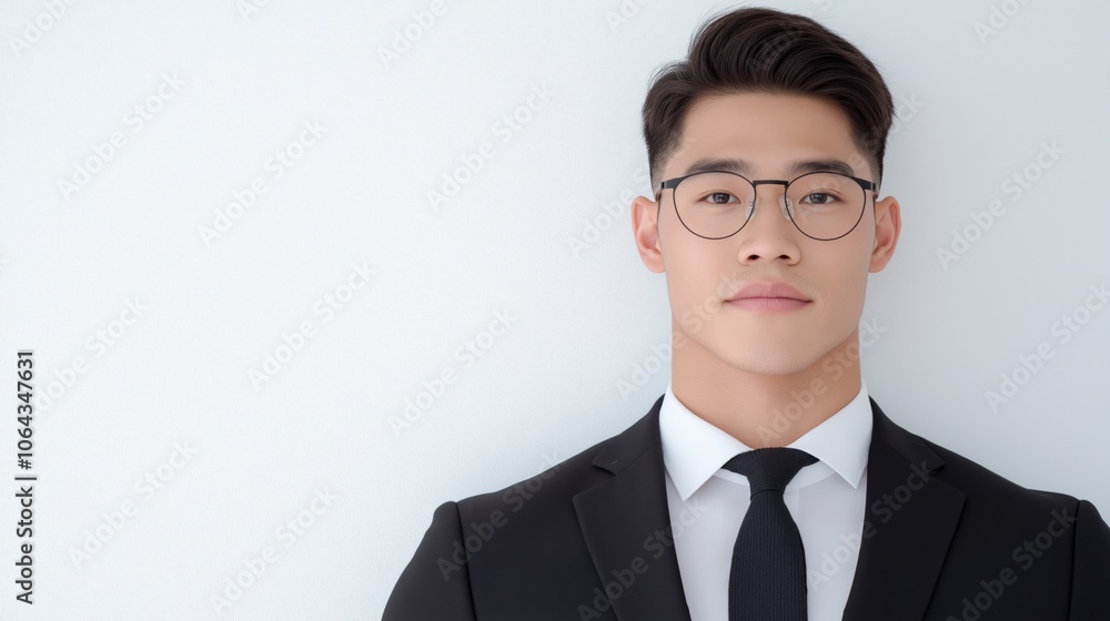 A young man in a formal suit with glasses stands confidently against a plain white background in a well-lit studio A young man in a formal suit with glasses stands confidently against a plain white background in a well-lit studio