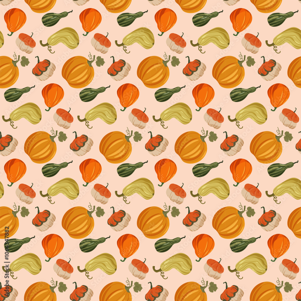 Pattern with pumpkins. Autumn harvest. Different varieties of pumpkins on a beige background. For packaging design, fabric prints, clothing, illustrations and leaflets, covers and brochures, cafe Pattern with pumpkins. Autumn harvest. Different varieties of pumpkins on a beige background. For packaging design, fabric prints, clothing, illustrations and leaflets, covers and brochures, cafe