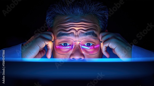 A focused individual working late at night on a computer screen in a dimly lit room, showcasing concentration and intensity in their gaze photo