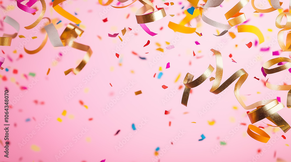 Festive confetti and shimmering streamers cascade downward, creating a joyous atmosphere filled with vibrant colors Festive confetti and shimmering streamers cascade downward, creating a joyous atmosphere filled with vibrant colors