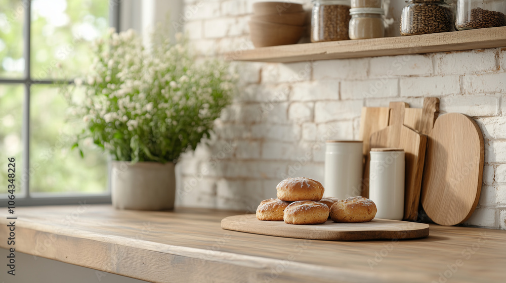 A cozy home kitchen with fresh baked goods on the counter, rustic and inviting ambiance. A cozy home kitchen with fresh baked goods on the counter, rustic and inviting ambiance.