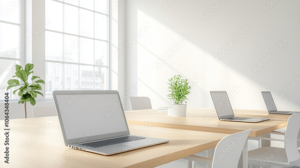 A modern office workspace with a diverse team collaborating on laptops, clean and organized environment. A modern office workspace with a diverse team collaborating on laptops, clean and organized environment.
