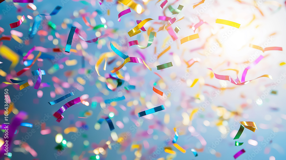 Fototapeta premium Colorful confetti and vibrant streamers dance through the air, creating a joyful atmosphere under a bright sky