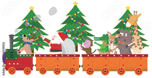 クリスマスの日にサンタクロースとトナカイが蒸気機関車でプレゼントを運んでいる。