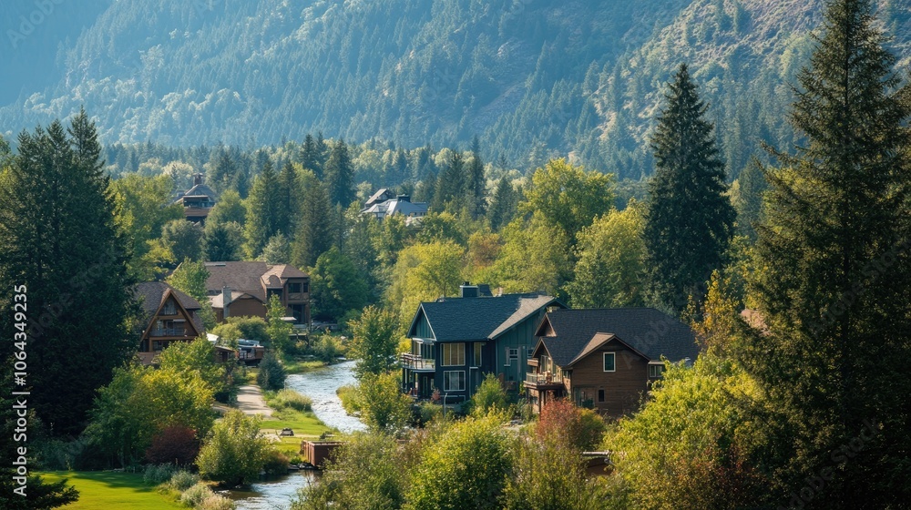 Scenic Riverside: Homes Amidst Trees, Rivers, and Towering Mountains Scenic Riverside: Homes Amidst Trees, Rivers, and Towering Mountains